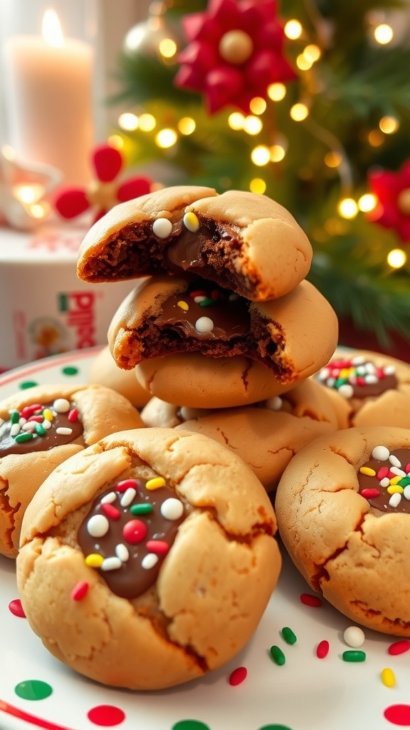 Nutella Christmas Cookies Recipe A plate of Nutella cookies with holiday sprinkles in a festive setting.